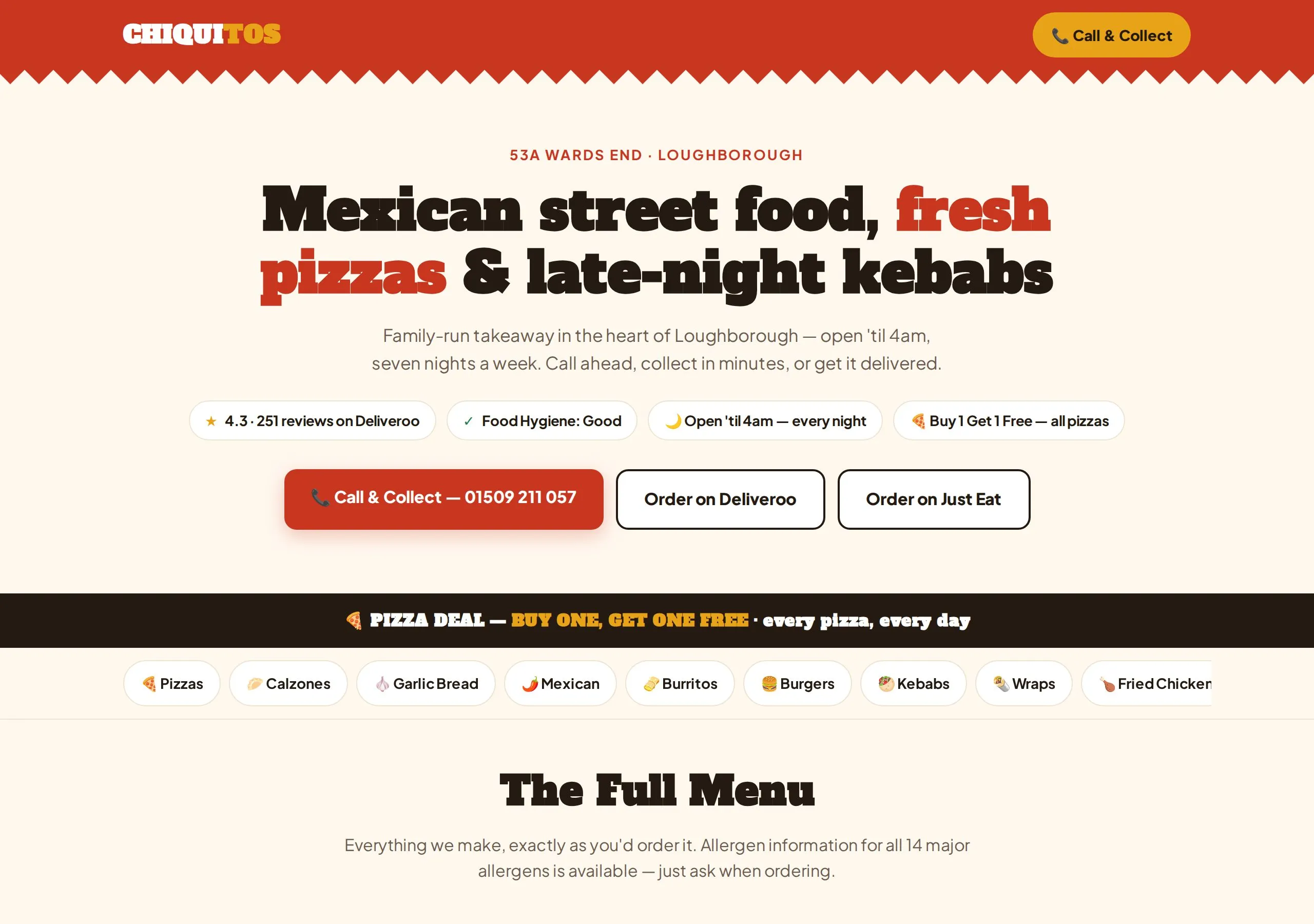 The Chiquitos takeaway website — hero, menu badges and ordering buttons