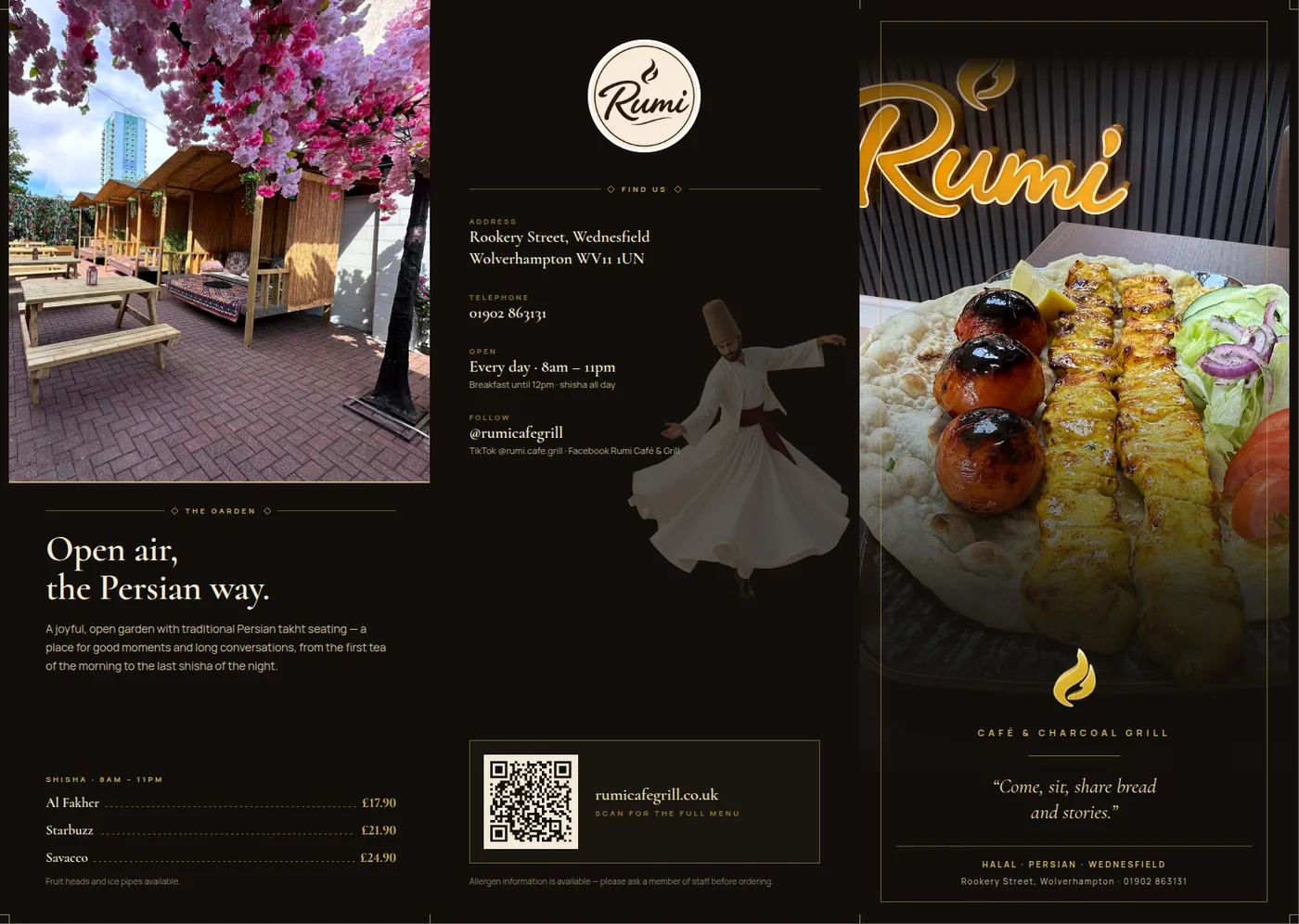 The outside of the Rumi Café & Grill trifold menu — the garden, the address and a QR code to the full menu