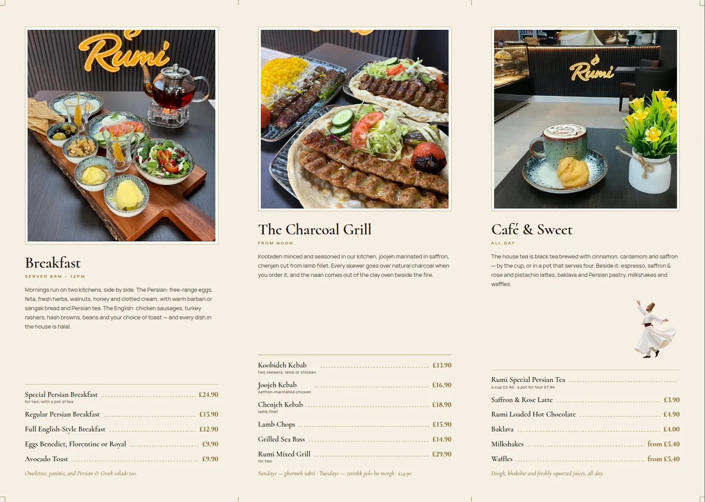 The inside of the Rumi Café & Grill trifold menu — breakfast, the charcoal grill and café & sweet, with prices