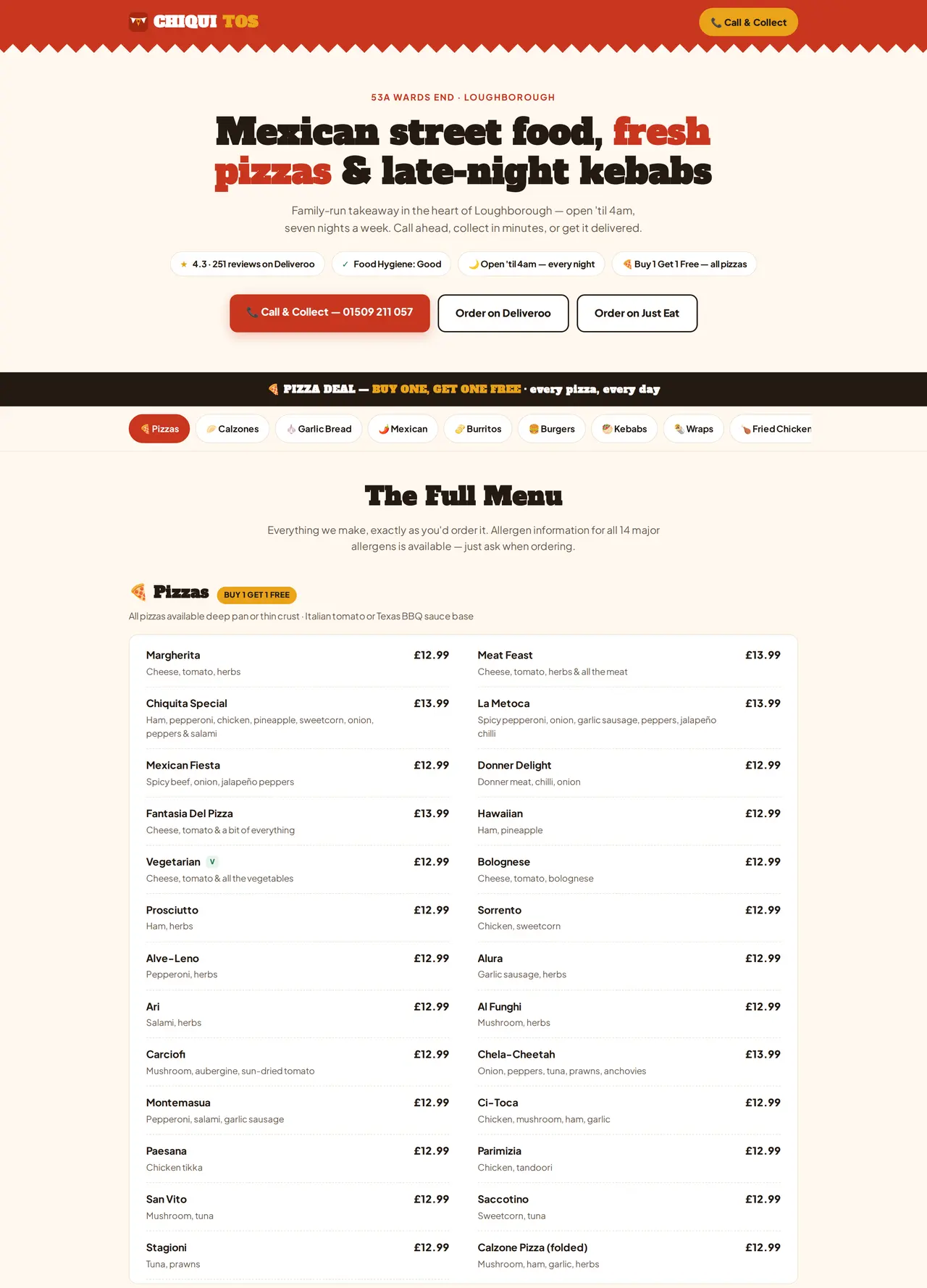 The Chiquitos takeaway website — hero, menu badges and ordering buttons