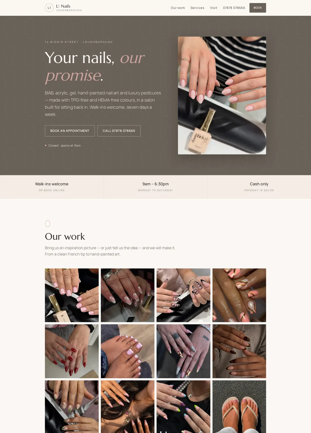 The L1 Nails website — Your nails, our promise, with booking and the salon's own nail photography