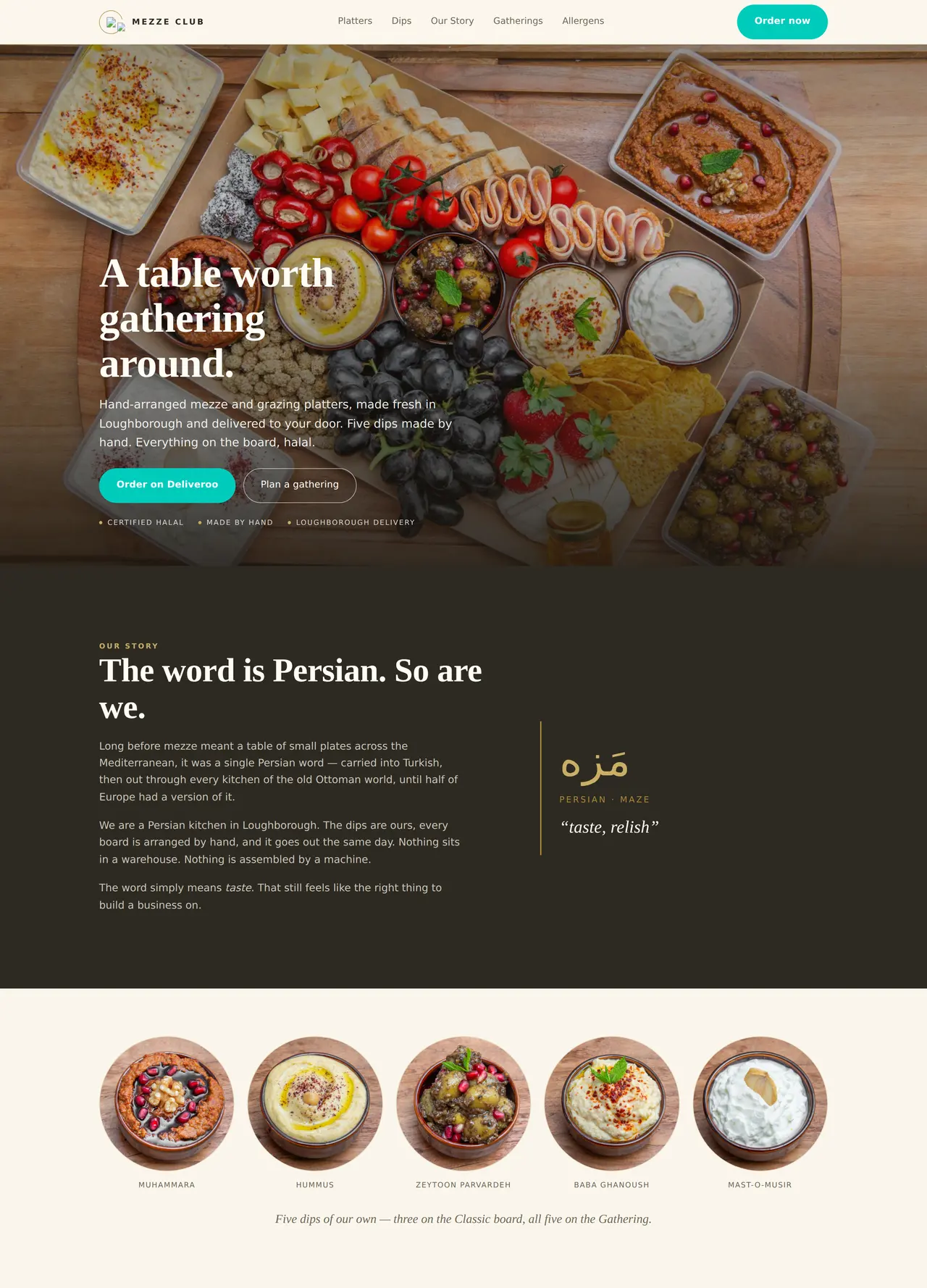 The Mezze Club website — hand-arranged mezze platters with product photography