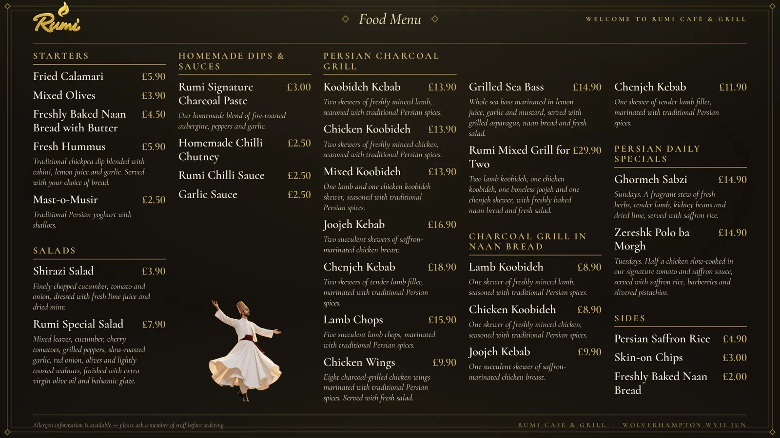 The Rumi Café & Grill food menu, designed for the televisions on the café wall — five columns of dishes around a whirling dervish