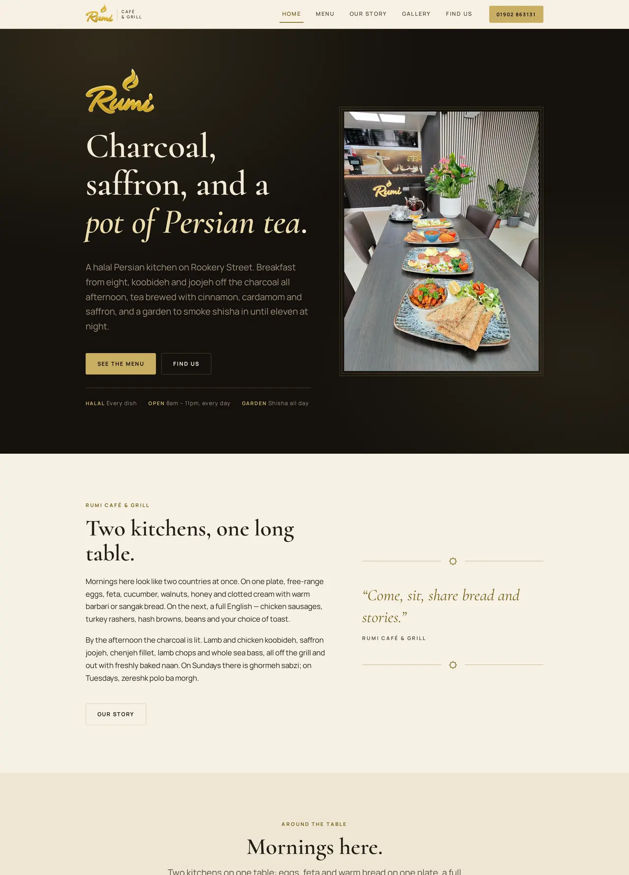 The Rumi Café & Grill website — charcoal, saffron and a pot of Persian tea over a laid table
