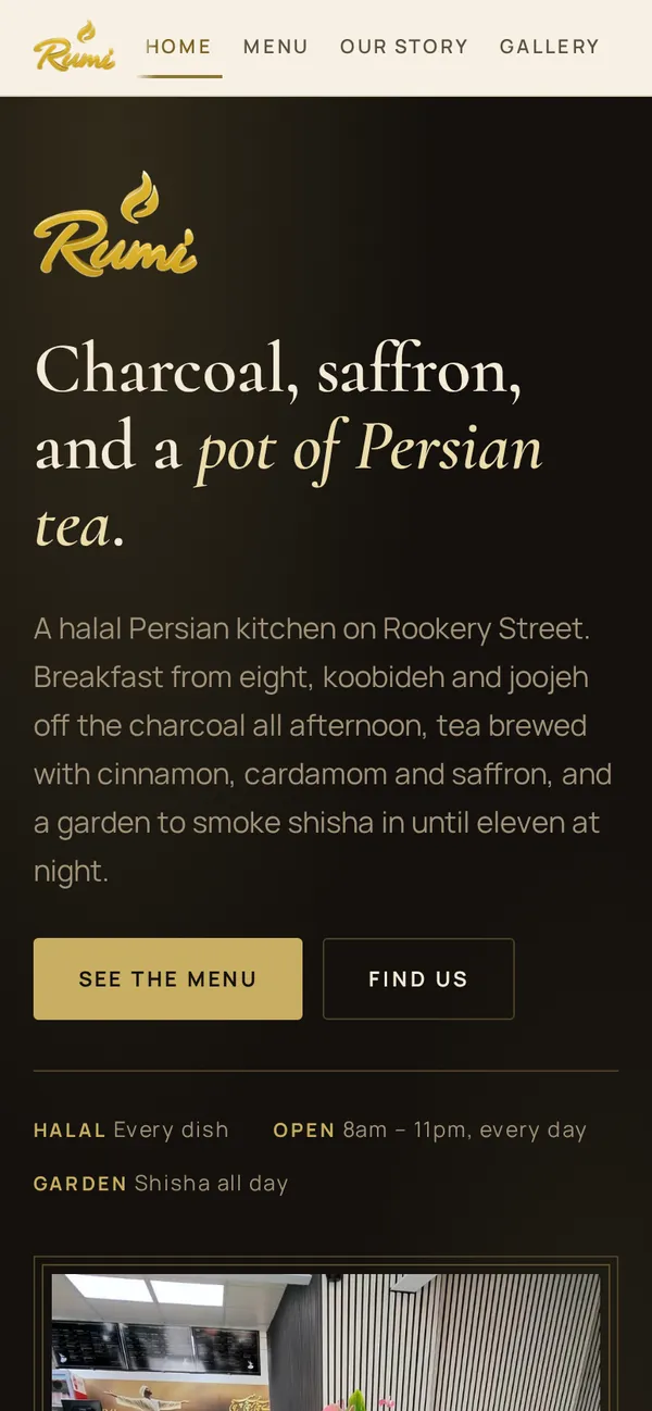 Rumi Café & Grill on a phone — charcoal, saffron and a pot of Persian tea