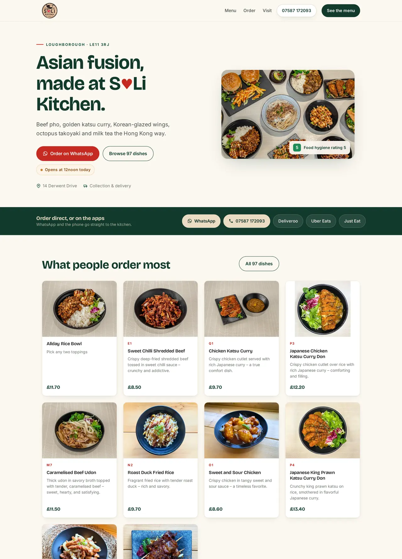The SoLi Kitchen website — Asian fusion dishes with WhatsApp ordering and a food hygiene rating of 5