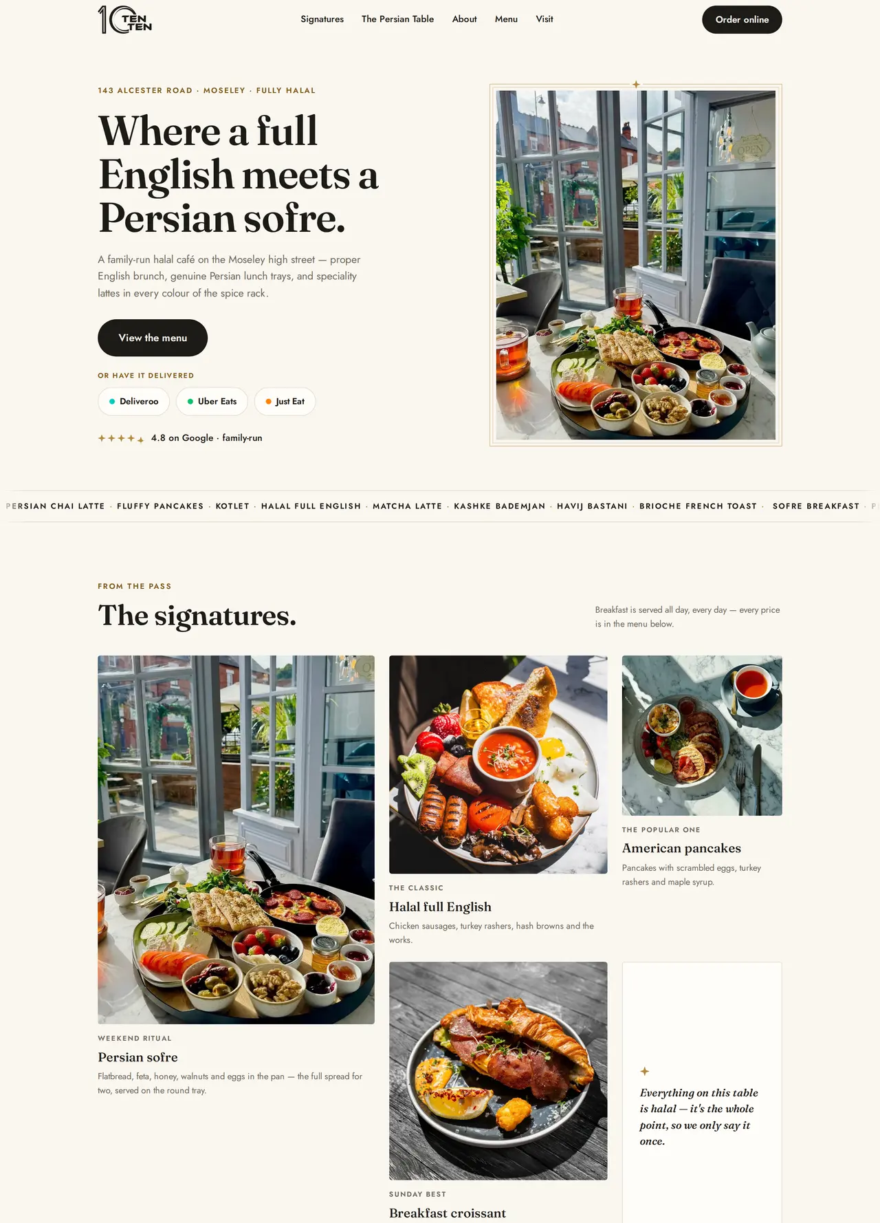 The TenTen café website — a Persian breakfast spread by the window on Alcester Road