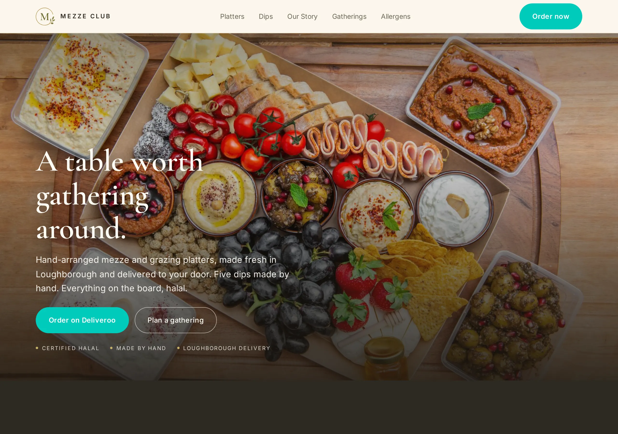 The Mezze Club website — hand-arranged mezze platters with product photography